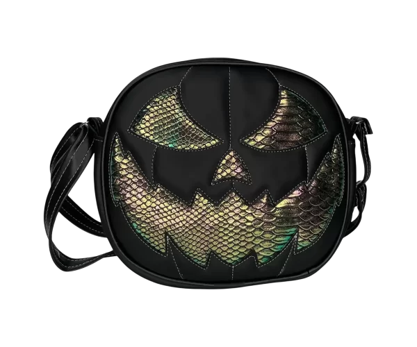 Bolsa Gótica Crossbody de Calabaza “Killer Pumpkin” Negro y Textura Tornasol